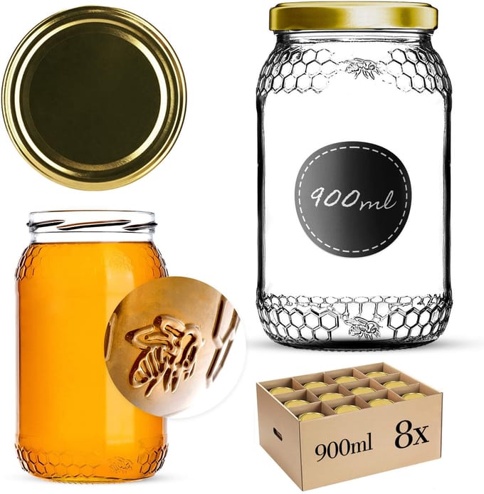 Glazen pot Lierde 900ml 82mm 8 stuks + gouden deksels