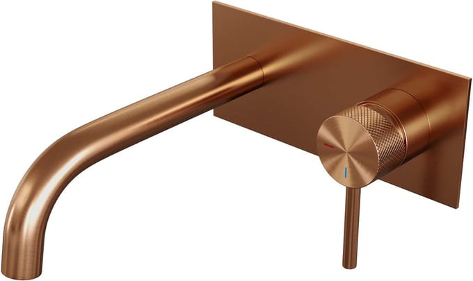 Brauer Copper Carving inbouw wastafelmengkraan met gebogen uitloop en afdekplaat model A1 koper geborsteld PVD