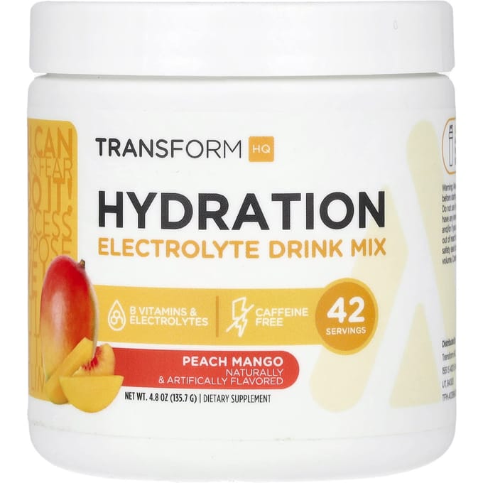 TransformHQ, Hydratation, Mélange de boisson électrolytique, Sans caféine, Pêche Mangue, 4,8 oz (135.7 g)