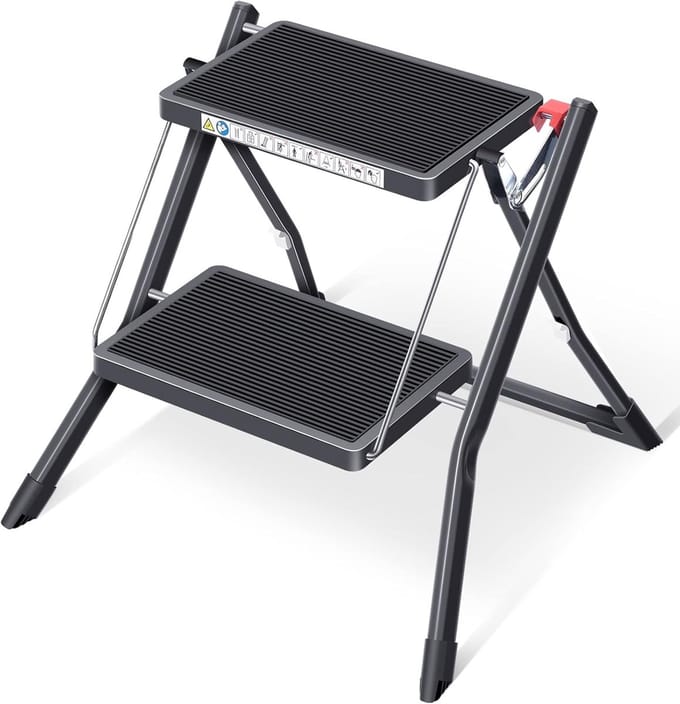 Opstapladder 2 treden - Klapladder opstapje - Huishoudelijk gebruik - Extra dun inklapbaar - 4 cm dik - Zwart