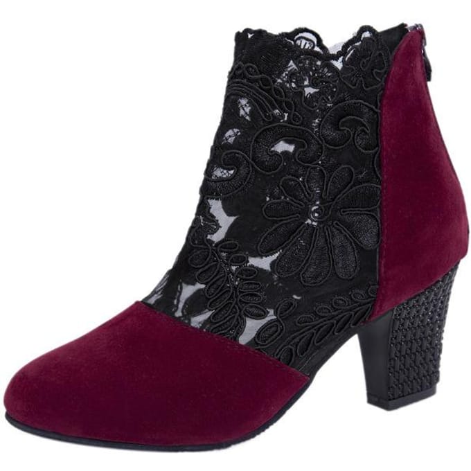 Chaussures de Mode Femme Dentelle Maille Talon Épais Décontracté Talons Hauts Bottes 36 rouge vin