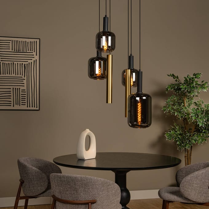 Lucide Hanglamp Joanet, Ø 65 cm, rook/messing glas/metaal 6-lamps.