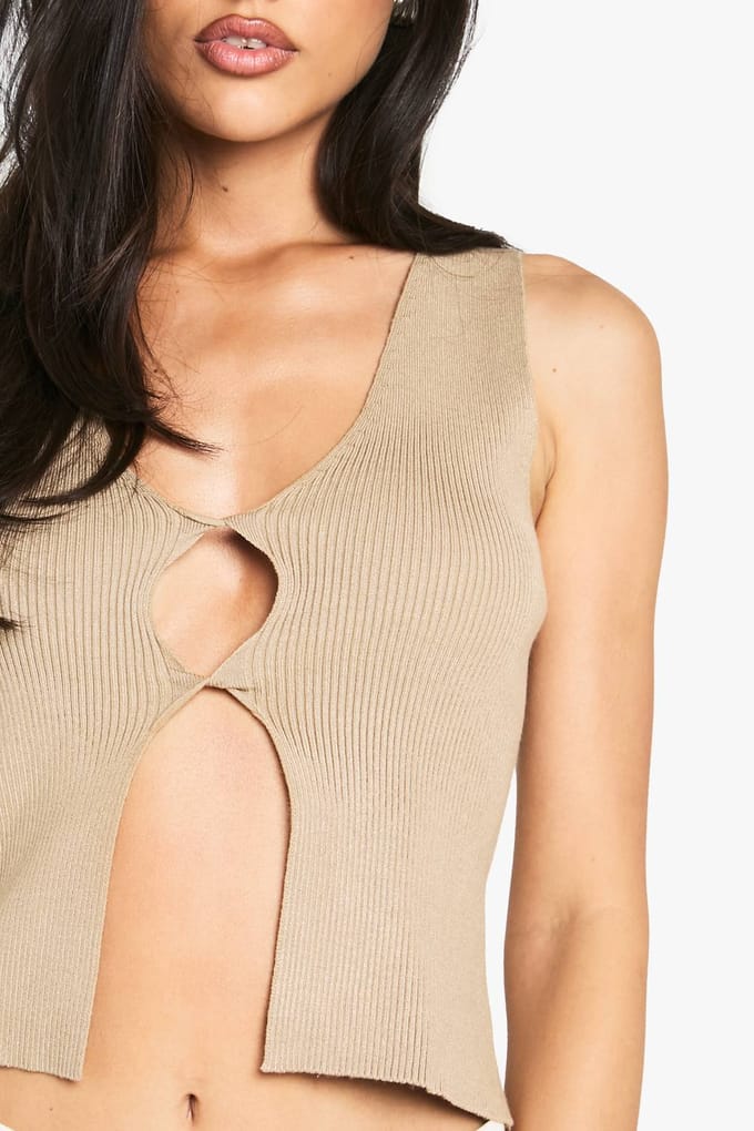boohoo Dames Twist Front Gebreide Vest | Stone | Maat: Medium