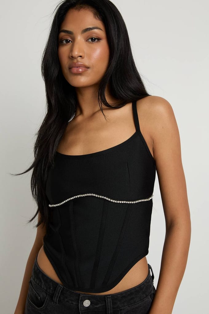 boohoo Dames Geweven korset met diamantenaccent | Black | Maat: 8
