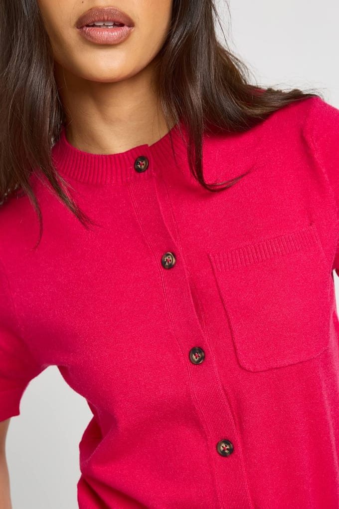boohoo Dames Gebreid Topje Met Gerimpelde Zoom En Knoopsluiting | Roze | Maat: Small