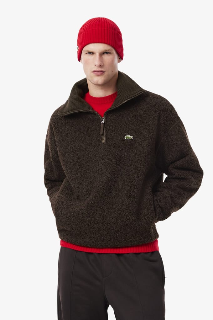 Lacoste Polar Fleece Sweatshirt met Hoge Rits Oversized Bruin Teddy