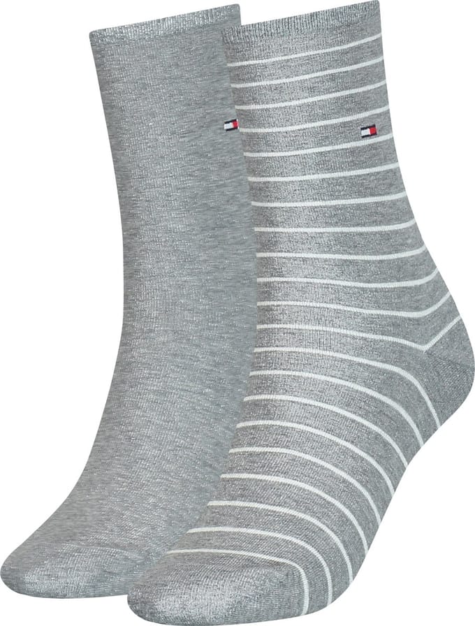 Tommy Hilfiger damessokken Small Stripe (2-pack) - uni en gestreept katoen - grijs melange met wit