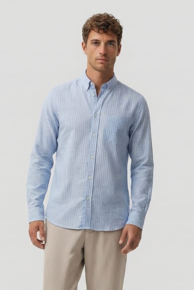 French Connection Linen Check Long Sleeve Soft Blue Check Taglia: M | Maglie a manica lunga Outlet | Uomo | Blu