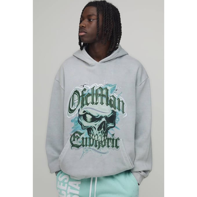 Oversized Hoodie Met Verwassen Euforie Schedel Print | Grey | Size Medium