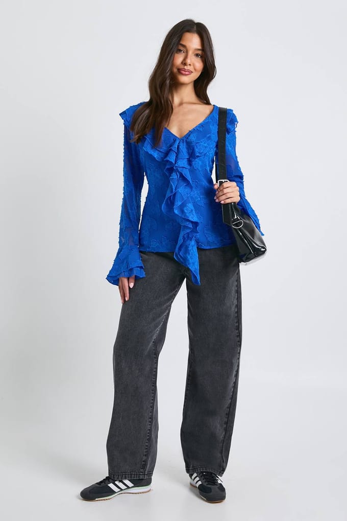 boohoo Dames Blouse met ruches en lange mouwen | Cobalt | Maat: 8