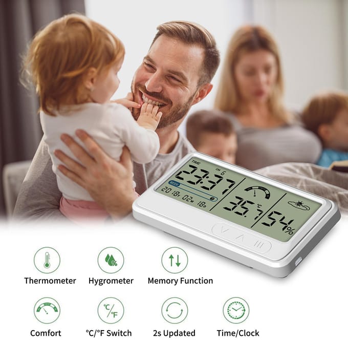 Digitale Hygrometer Elektronische Temperatuur Vochtigheidsmeters Meter met Tijd Datum LCD Display Klok Type 1 gray