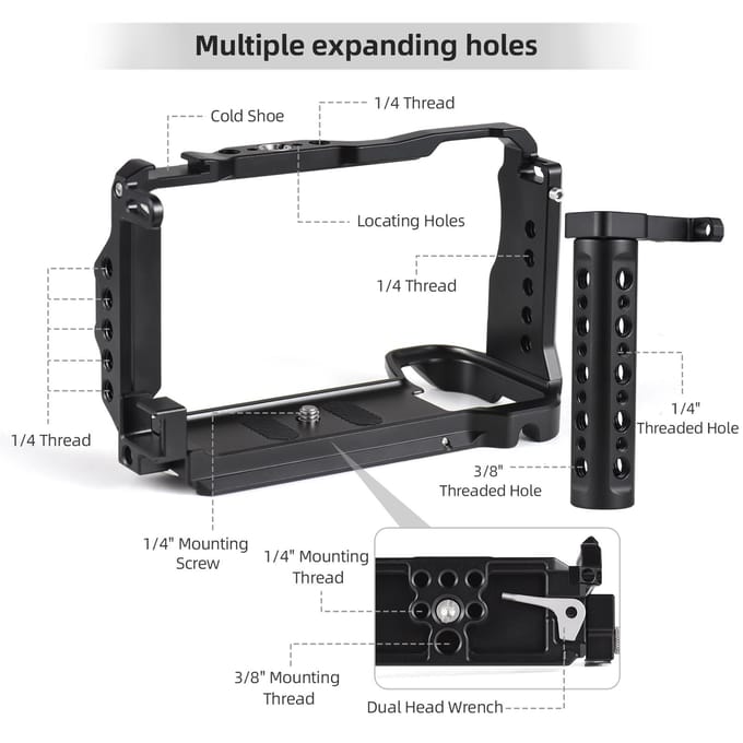 Andoer Camera Cage + Top Handle Kit Aluminiumlegering Camera Video Cage met Magnetische Sleuf Koude with top handle zwart