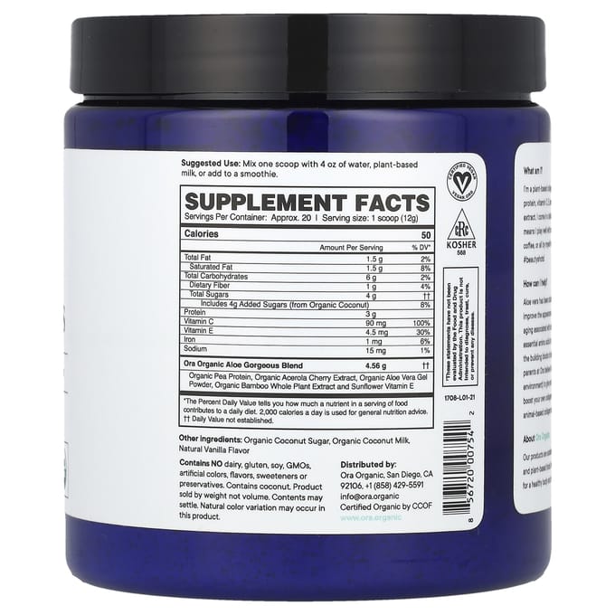 Ora, Aloe Gorgeous, Poudre de Réplétion de Collagène Végétal, Saveur Vanille, 8,47 oz (240g)