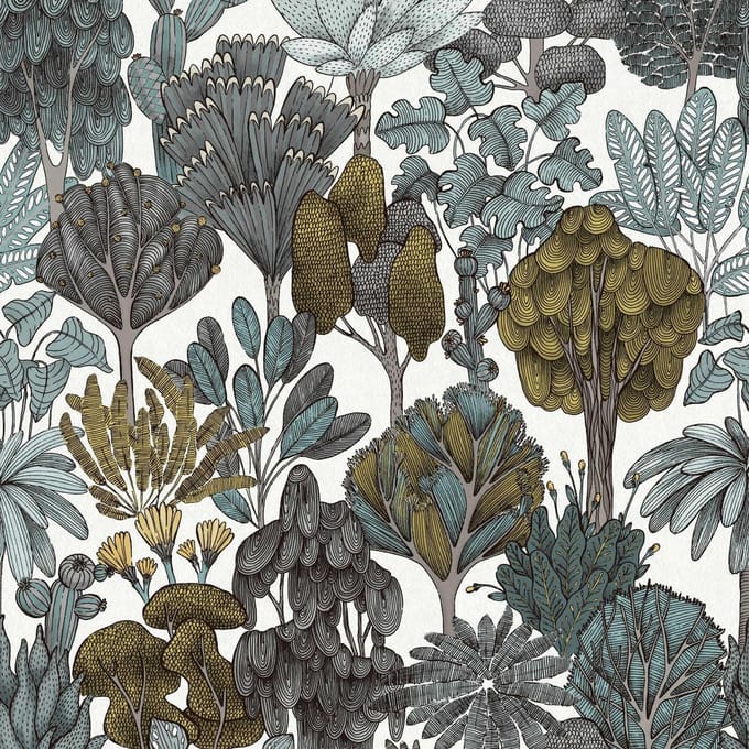 DOODLE DESIGN BOMEN BEHANG | Retro - groen grijs geel - "Architects Paper" A.S. Création Floral Impression