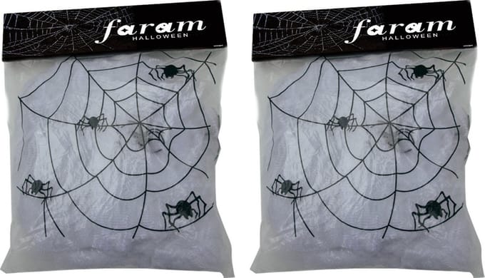 Faram Decoratie spinnenweb/spinrag met spinnen - 2x - 100 gram - wit - Halloween/horror thema versiering