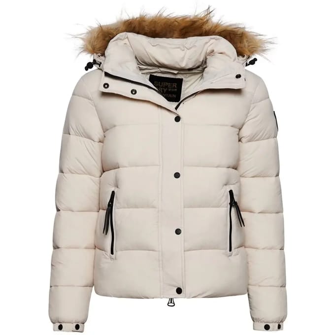 Superdry - Kort pufferjack met capuchon met imitatiebont - Dames - Gewatteerde jassen