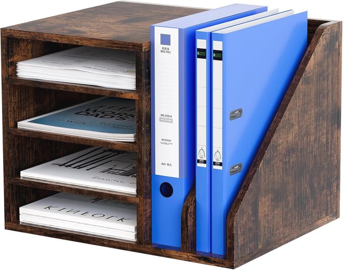 Houten A4-bureaulade met 6 compartimenten voor papierorganizer en tijdschriftopslag