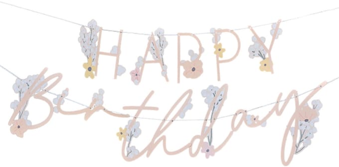 Ginger Ray - Roze letterslinger bloemen happy birthday - 1,5 meter