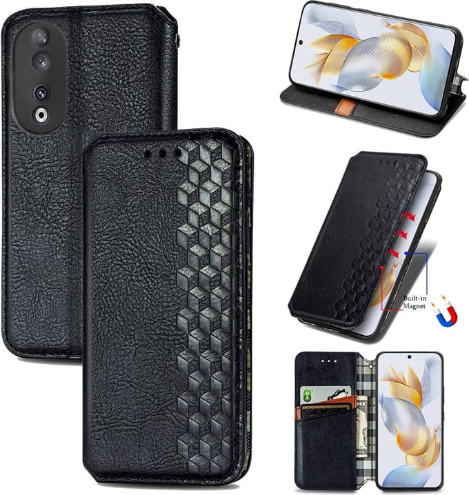 Luxe PU Lederen Ruitpatroon Wallet Case + Screenprotector voor Honor 90 _ Zwart
