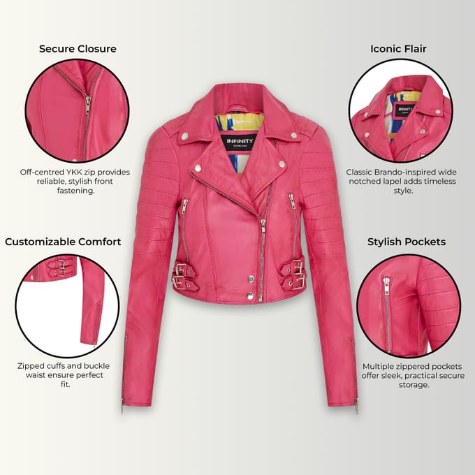 Dames fuchsia roze cropped Brando leren bikerjack - Damascus