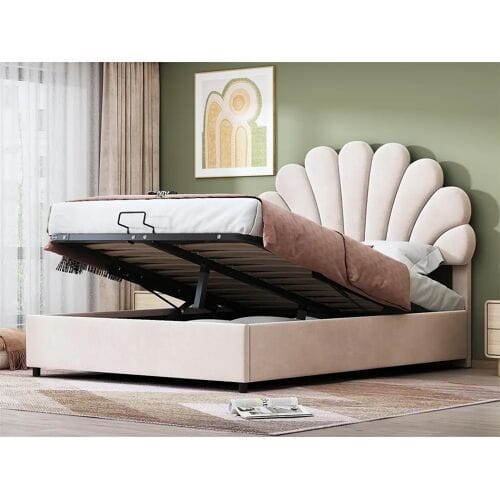 ModernLuxe Fluweel gewatteerd opbergbed - 140x200cm - bloemvormig hoofdeinde - met lattenbodem - Beige