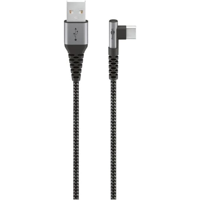 Goobay USB-C naar USB-A textielkabel met metalen stekkers (space grijs/zilver), 90°, m