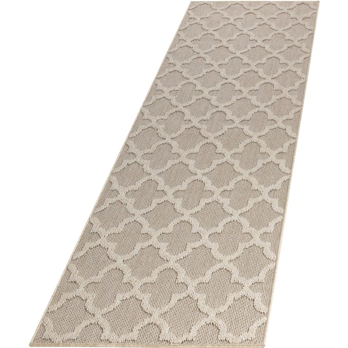 Buitenkleed, Scandinavisch design, beige kleur, kleed voor terras, balkon, keuken, polypropyleen achterkant, afmeting: 80 x 250 cm