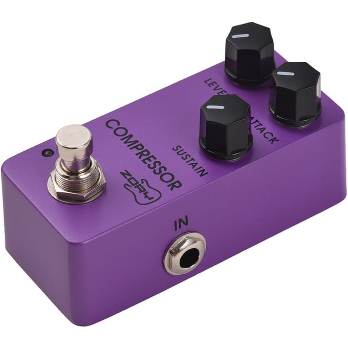 Pédale d'effets Compresseur de Guitare ZORY NIVEAU/ATTAQUE/SUSTAIN DC 9V Interface Entrée/Sortie 6,35 mm violet