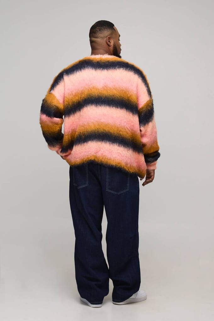 Plus Boxy Oversized Geborstelde Streep Gebreide Trui | Pink | Size 2XL
