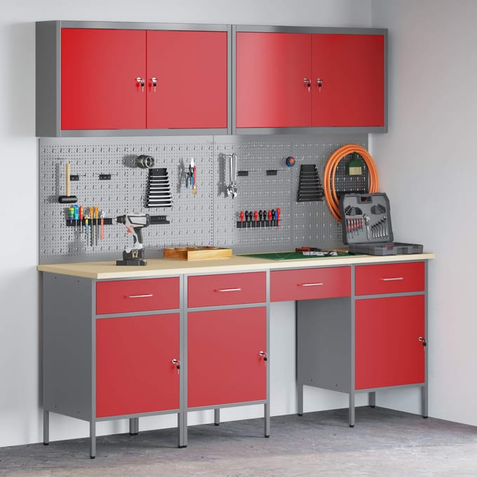 vidaXL - Werk - Cabinet - met - lade - 10 - st - Rood - Engineered - hout - en - staal