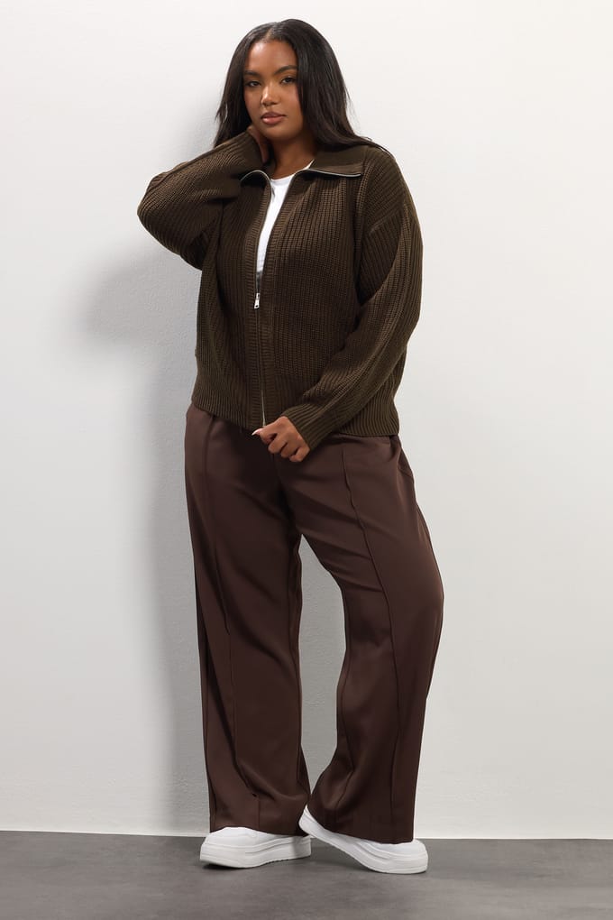 Yours Bruin Gebreid Bomber Vest Met Kraag Size 62-64