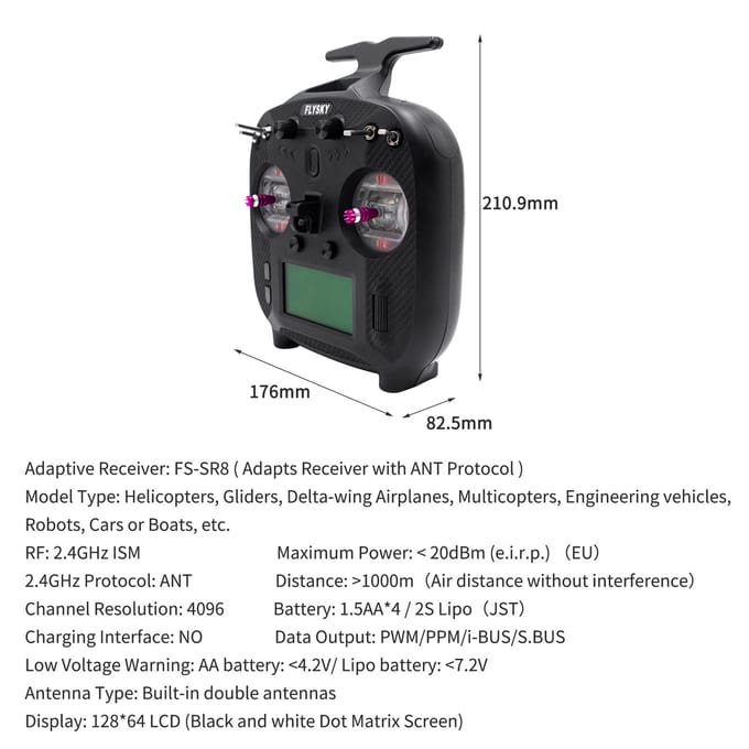 FLYSKY FS-ST8 RC-zender 2,4 GHz afstandsbediening ANT-protocol met FS-SR8-ontvanger 8CH 1000M zwart