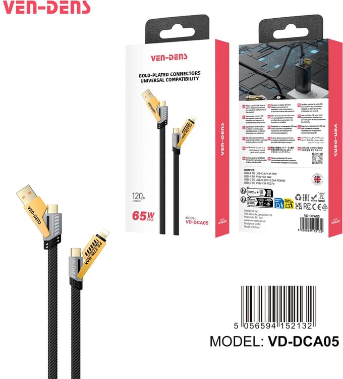 Ven-Dens Gold-Plated Kabel Universal 65 W – Zwart