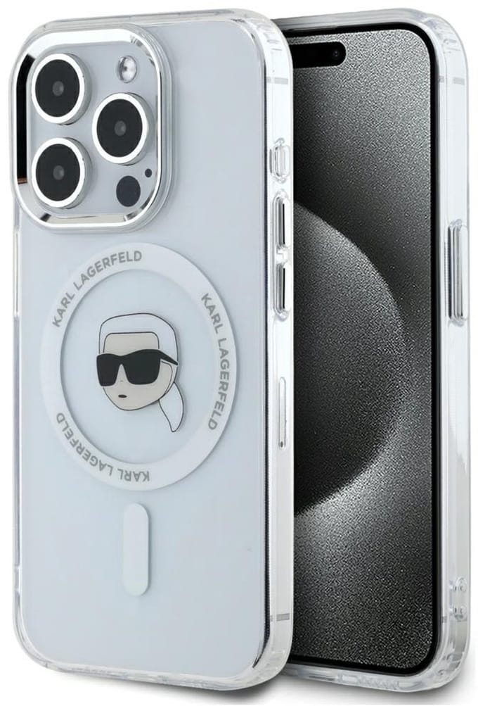 MagSafe hoesje voor Apple iPhone 15 Pro Max, Karl Lagerfeld, IML Metal Karl's Head, Wit
