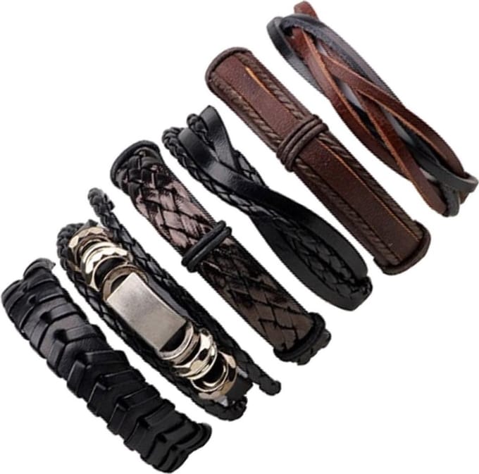 Fako Bijoux® - Leren Armband - Leder - Set Deluxe - 6 Stuks - Zwart/Bruin