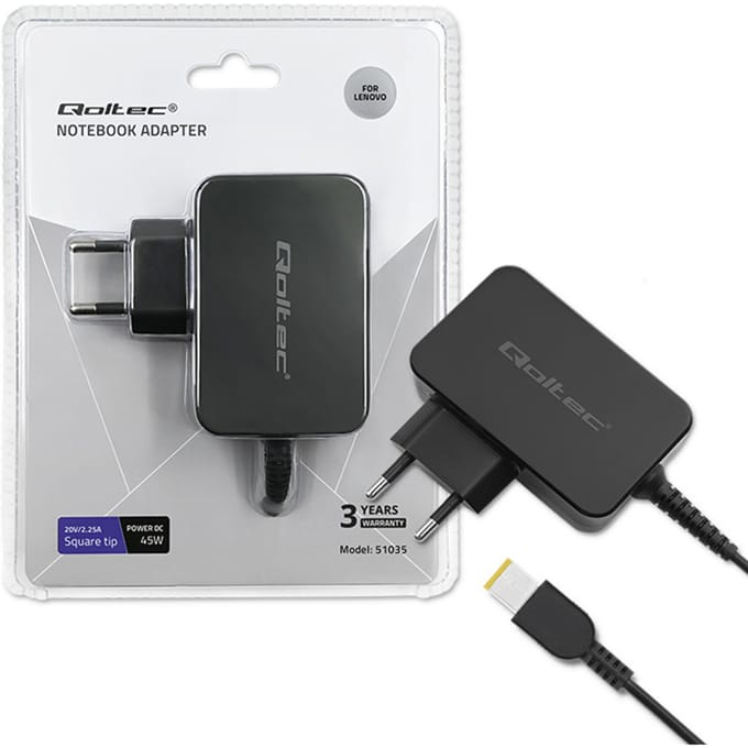 Qoltec laptopstroomadapter voor Lenovo 45W |   20V |   2,25A |   Slanke punt + pen