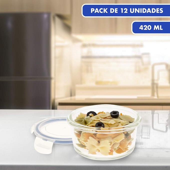 Famanu - Set van 12 vershouddozen van glas, magnetronbestendig, voedselcontainers met sluiting, 420 ml, transparant deksel