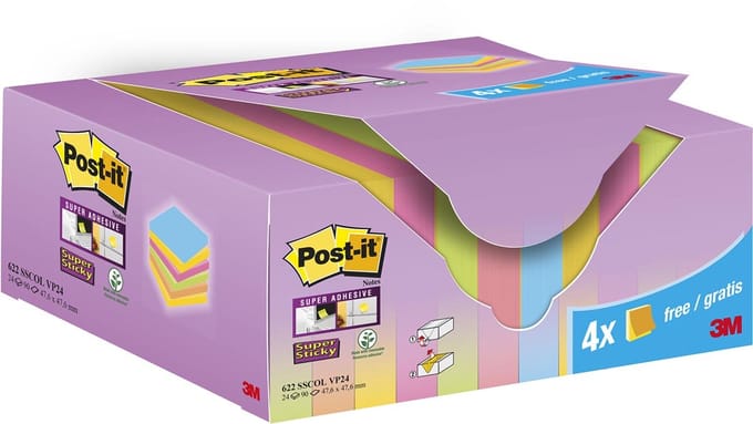Post-it Super Sticky Notes Colour | 90 vel | ft 47 | 6 x 47 | 6 mm | 20 + 4 GRATIS