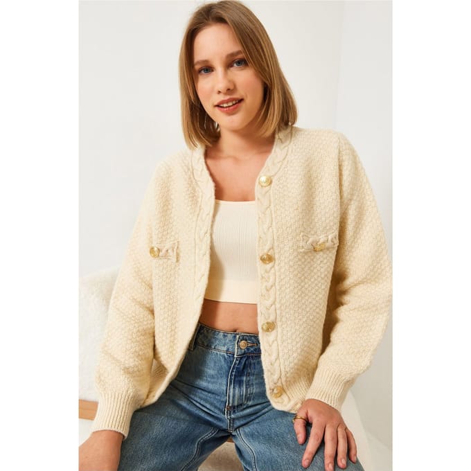 Gegokt Brei Cardigan met Knopen Sluiting