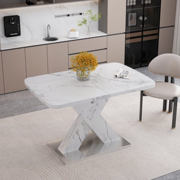 MIVRAY Eettafel - Uitschuifbaar Rechthoekig Design Voor Eetkamer - Marmerlook Blad Met X-Poot - MDF En Staal - Wit