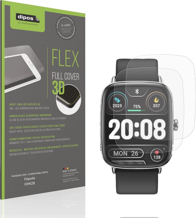 dipos FLEX – 2x Matte Screenprotector geschikt voor Fitpolo IDW28 | Volledige Schermbescherming | Case-Friendly