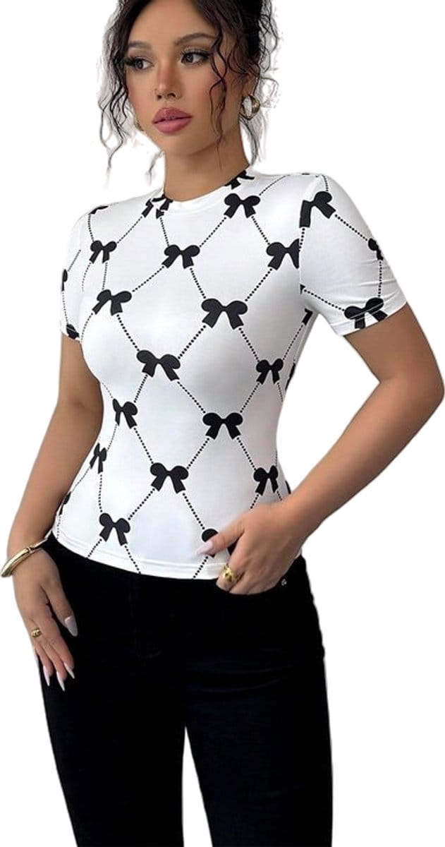 T-shirt met Strikjes - Mode - Dames - Wit en Zwart