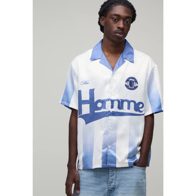 Oversized Shirt Met Korte Mouwen En Homme Sportprint In Satijn | Blue | Size Medium