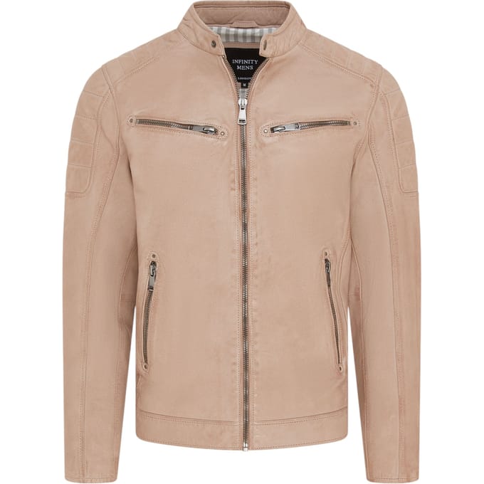 Beige Modern Klassiek Leren Gewatteerd Bikerjack voor Heren - Derry