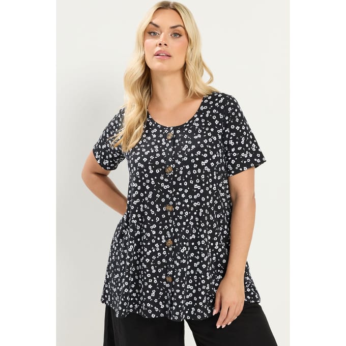 Yours Zwartwit Geribbeld Tshirt Met Fijne Bloemenprint Size 42