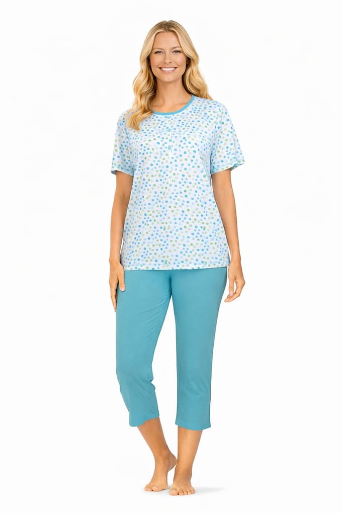 Comtessa Dames Pyjama - Katoen - Zomer - 7/8 broek - Turquoise - Maat 48