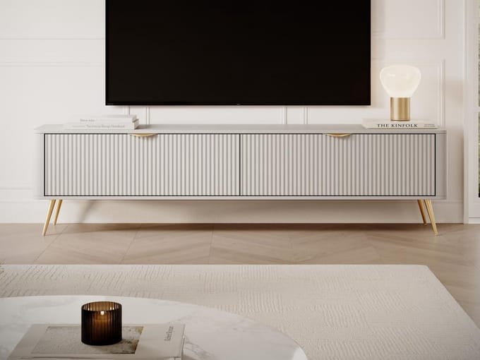 Vente-unique Tv-meubel met 2 deurtjes van MDF - Beige en goudkleurig - ELONARIA