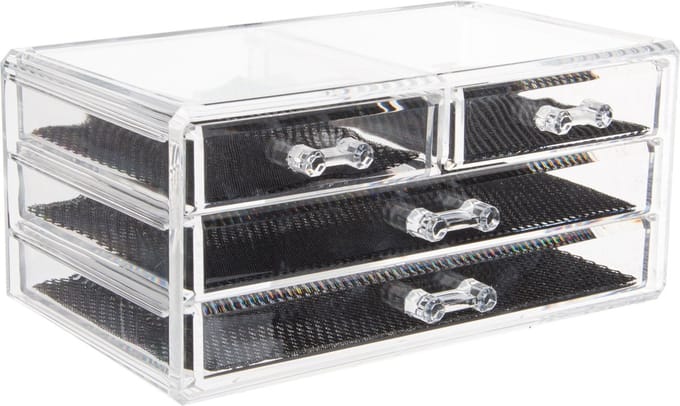 ITEM Make-up organizer - 4 lades - acryl - transparant - antislip mat - 24x15x11 cm
