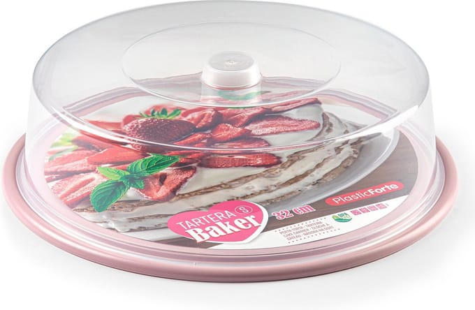 PlasticForte Taart bewaardoos - rond - gebak plateau - roze bodem - D32 x H9,5 cm