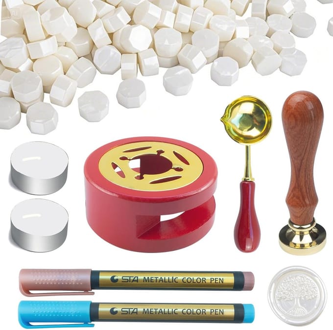Wax Zegelstempel Set met 500 Parelwitte Zegelkorrels en Accessoires
